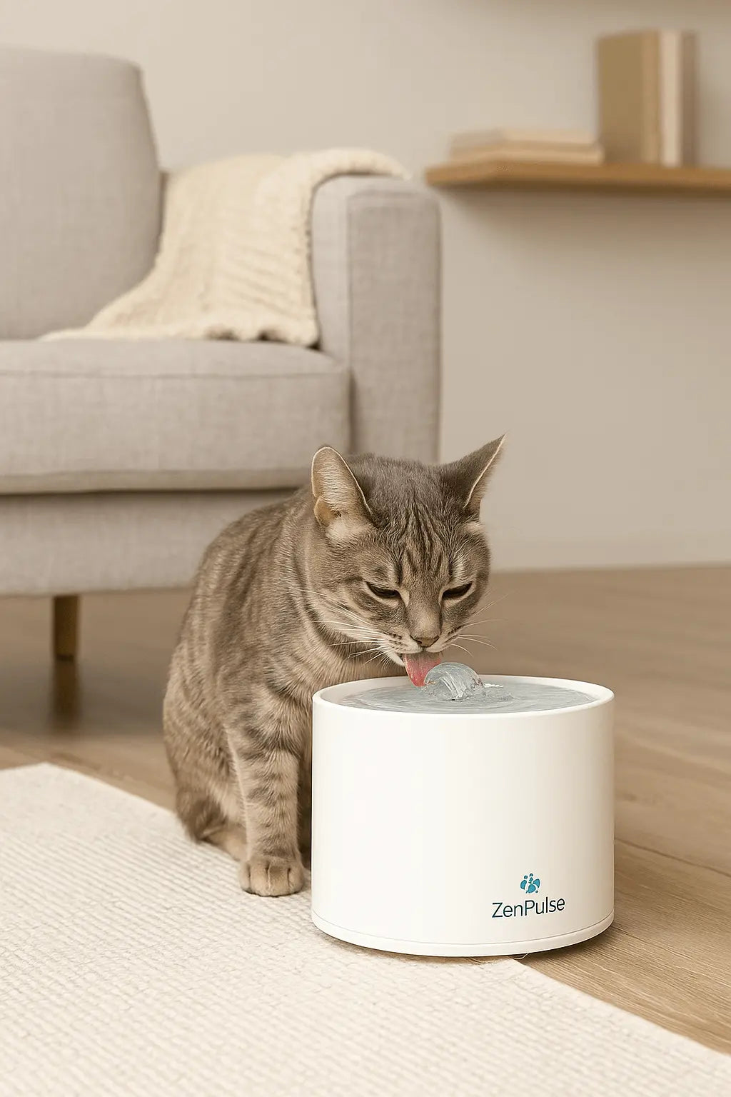 Chat utilisant la Fontaine à Eau Automatique ZenPulse blanche – silencieuse et hygiénique