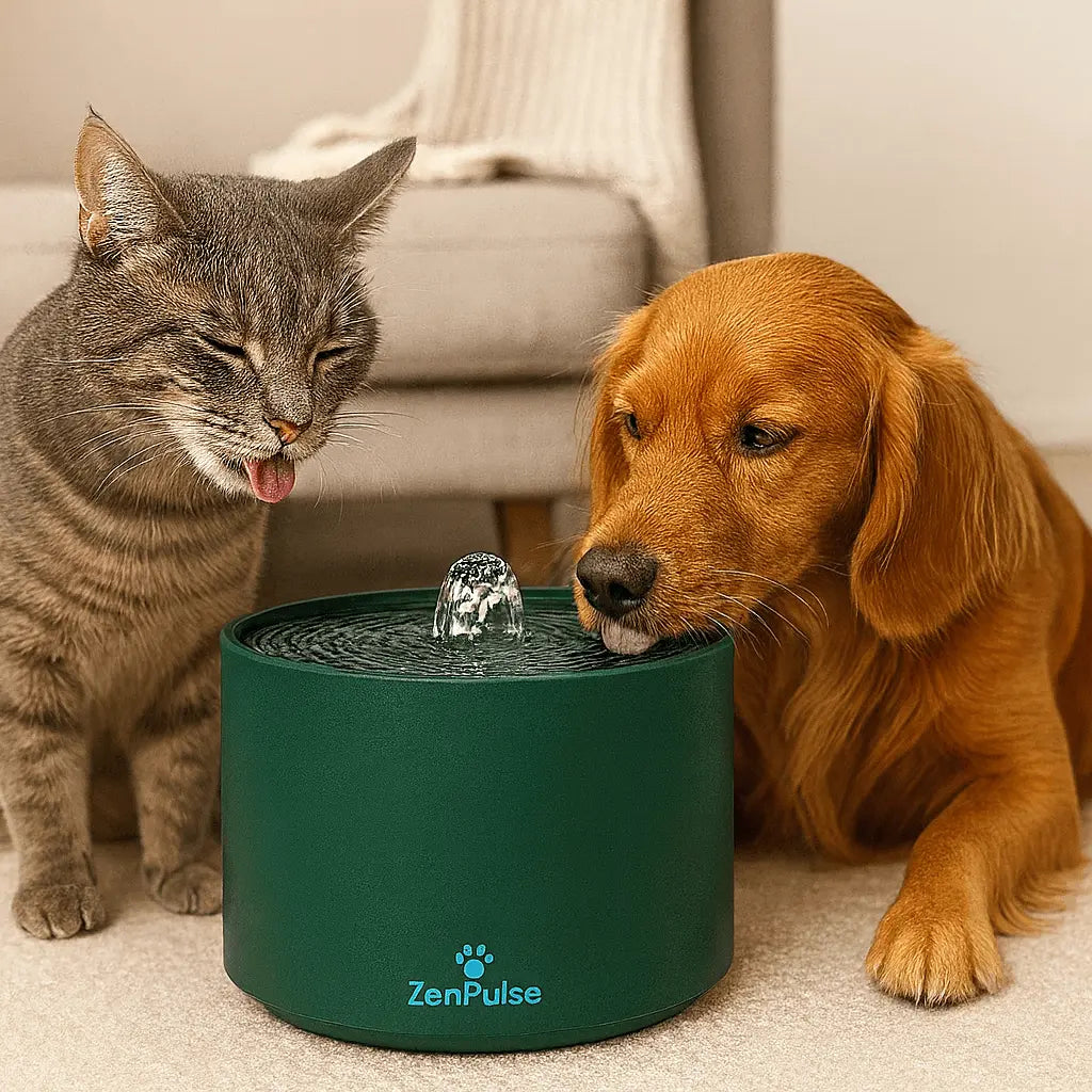 Chat et chien buvant à la Fontaine à Eau Automatique ZenPulse verte – eau filtrée et fraîche