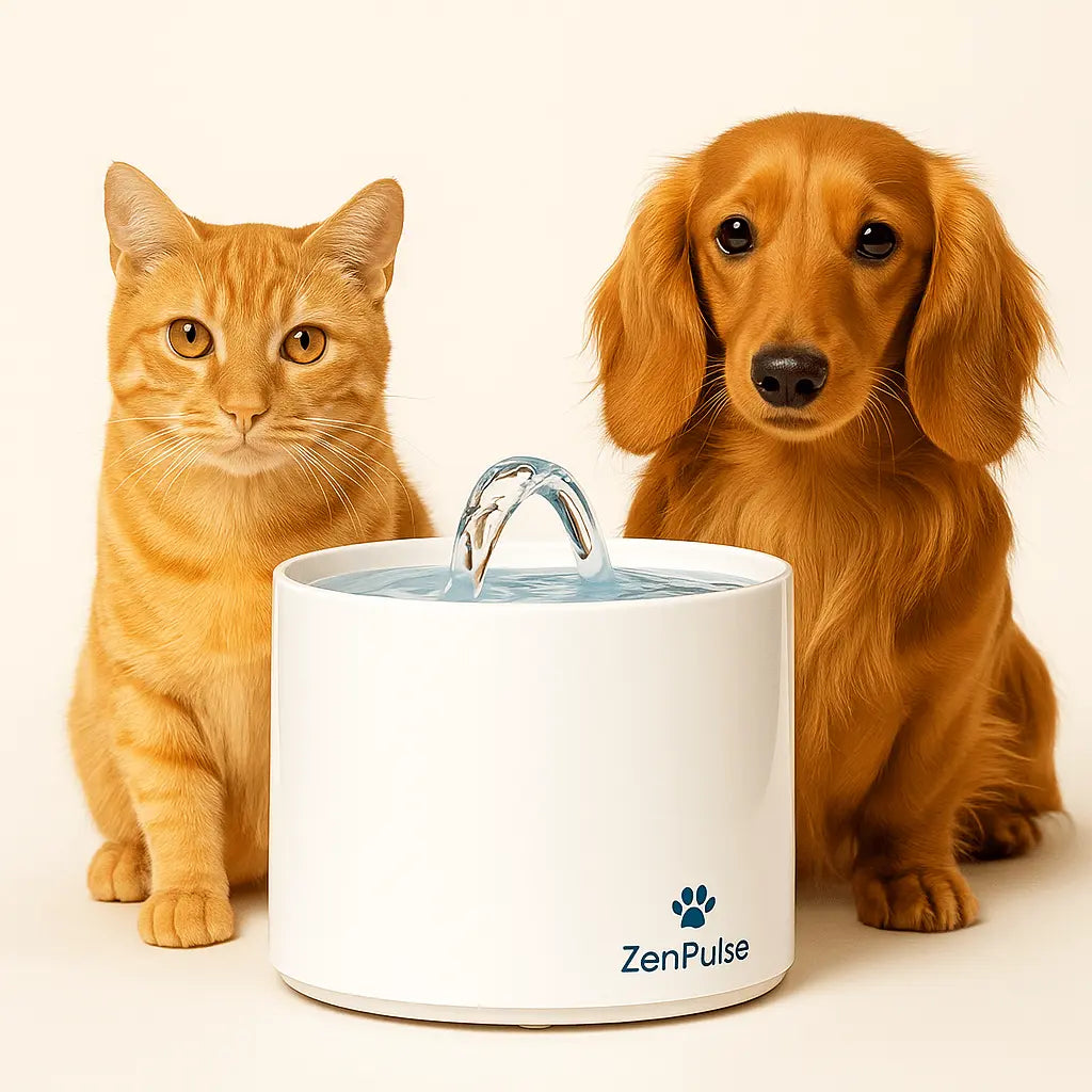 Chat roux et chien utilisant la Fontaine à Eau Automatique ZenPulse blanche – eau fraîche et filtrée