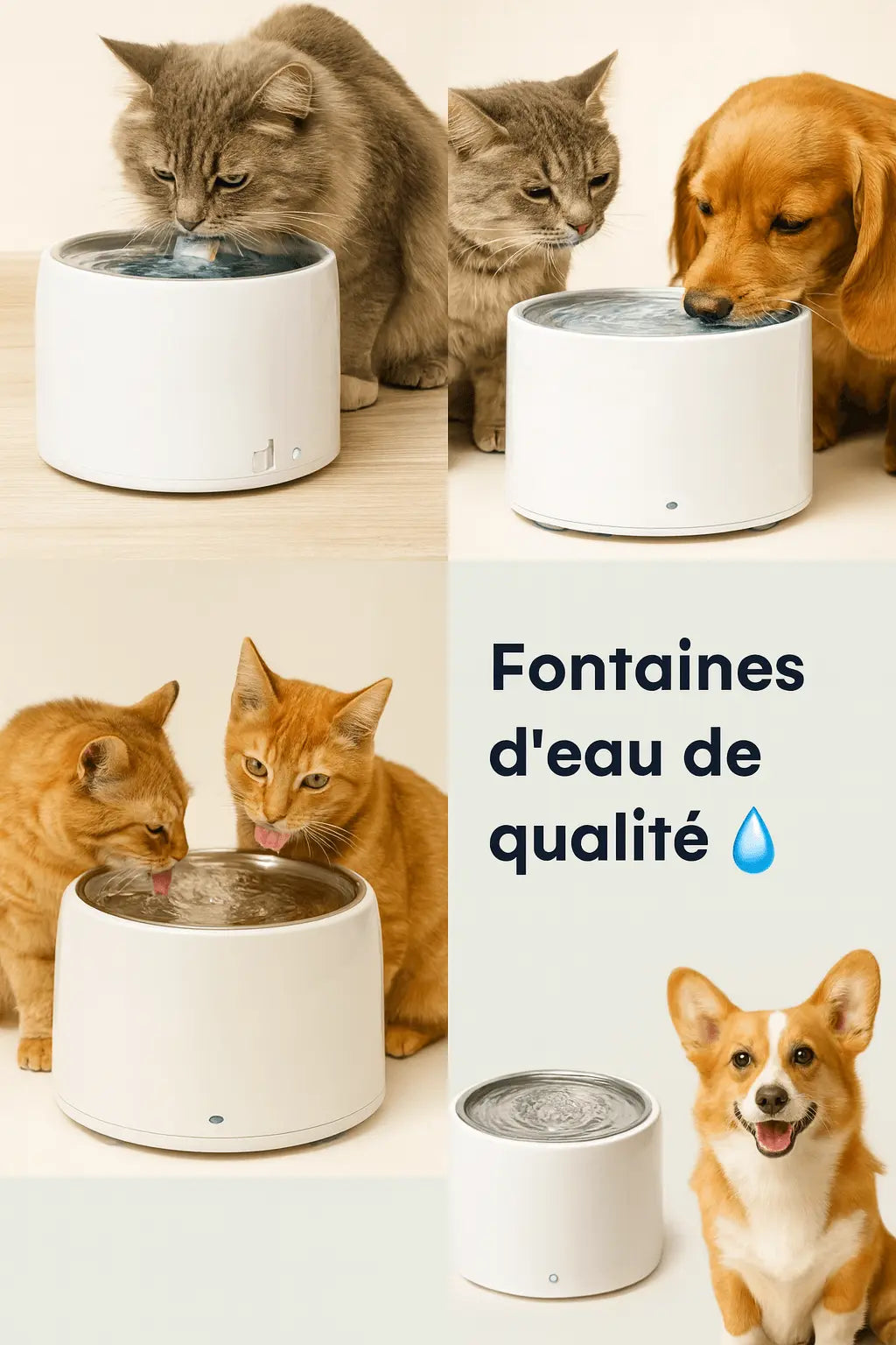 Chats et chien utilisant les Fontaines à Eau Automatiques ZenPulse – fontaines d’eau de qualité pour animaux