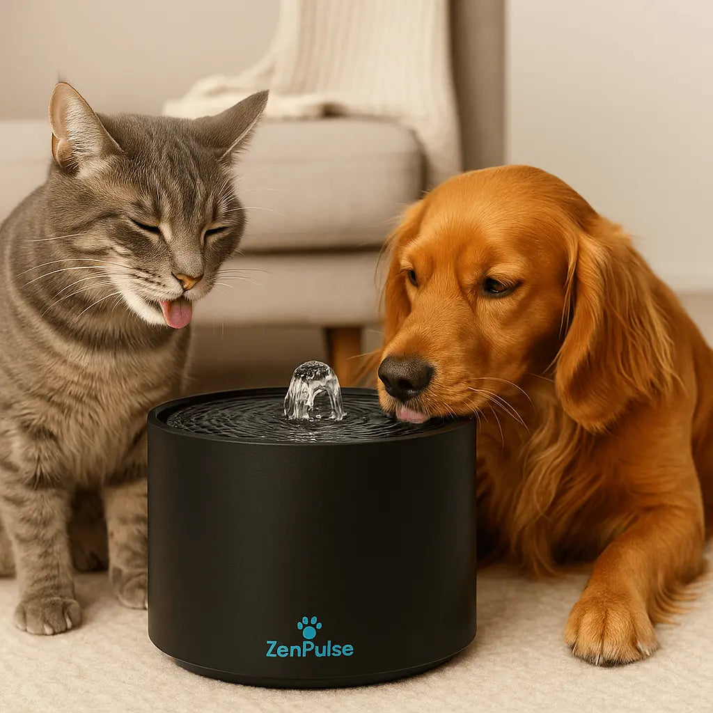 Chat et chien utilisant la Fontaine à Eau Automatique ZenPulse noire – eau filtrée et fraîche
